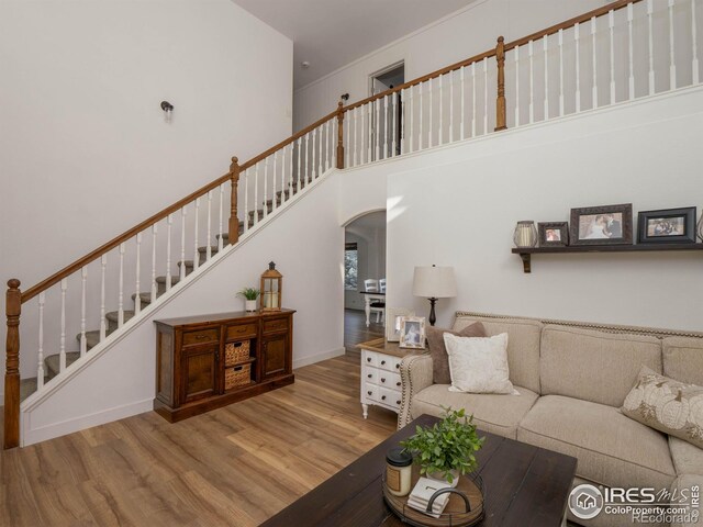 living room featuring light wood-type flooring, a towering ceiling, and crown molding