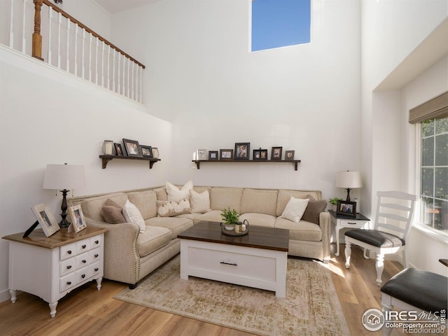 living room with a towering ceiling and light hardwood / wood-style floors