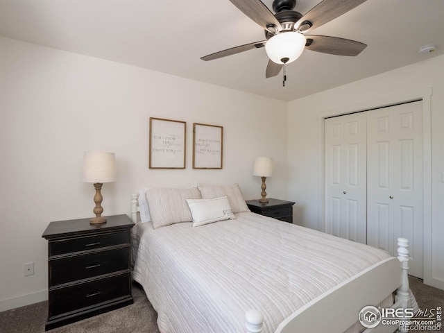 bedroom featuring carpet floors, a closet, and ceiling fan