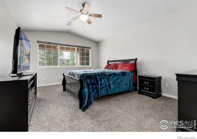 bedroom featuring ceiling fan, lofted ceiling, and carpet