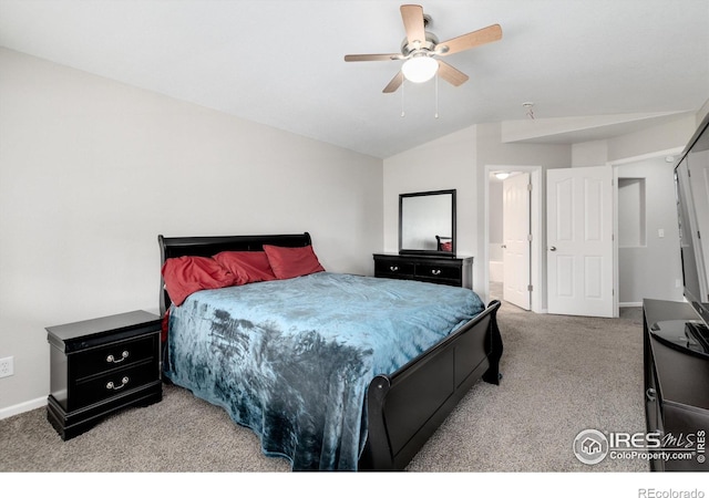 bedroom with ceiling fan, vaulted ceiling, and carpet