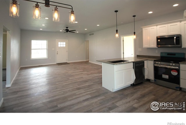 kitchen featuring ceiling fan, white cabinets, dark wood-type flooring, and appliances with stainless steel finishes