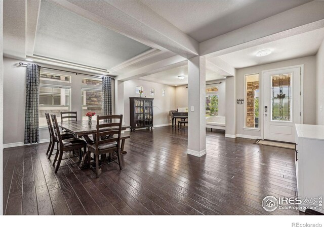 dining room featuring dark wood finished floors, a textured ceiling, and baseboards