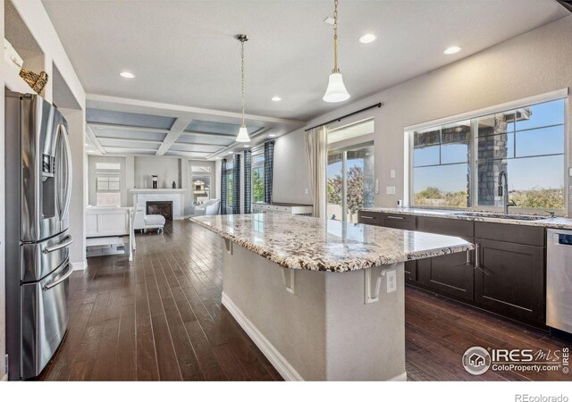 kitchen with dark wood-style flooring, a fireplace, a sink, open floor plan, and appliances with stainless steel finishes