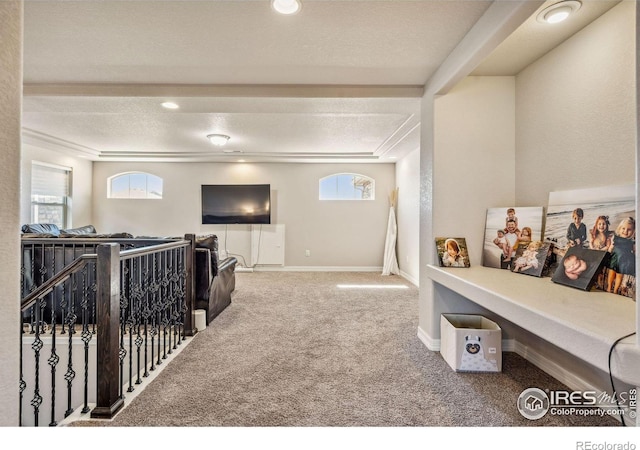 recreation room featuring a wealth of natural light, a textured ceiling, baseboards, and carpet flooring