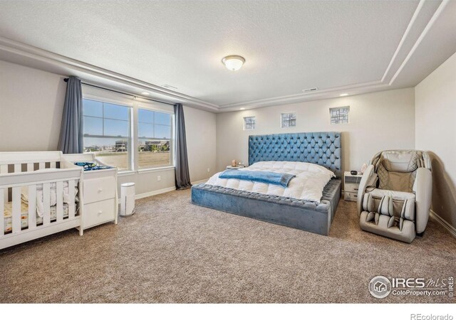 bedroom with a textured ceiling, carpet, and baseboards