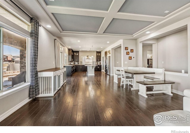 entrance foyer featuring recessed lighting, dark wood-style flooring, coffered ceiling, and baseboards