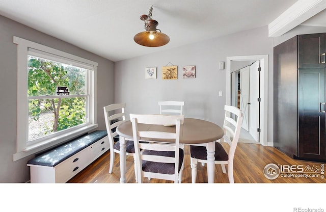 dining area featuring wood-type flooring and vaulted ceiling