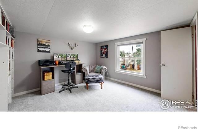 home office featuring carpet flooring, a textured ceiling, and baseboards