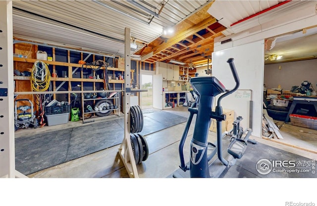 workout room with a garage