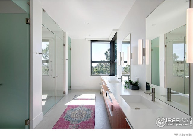 bathroom featuring vanity, a shower with door, and a healthy amount of sunlight