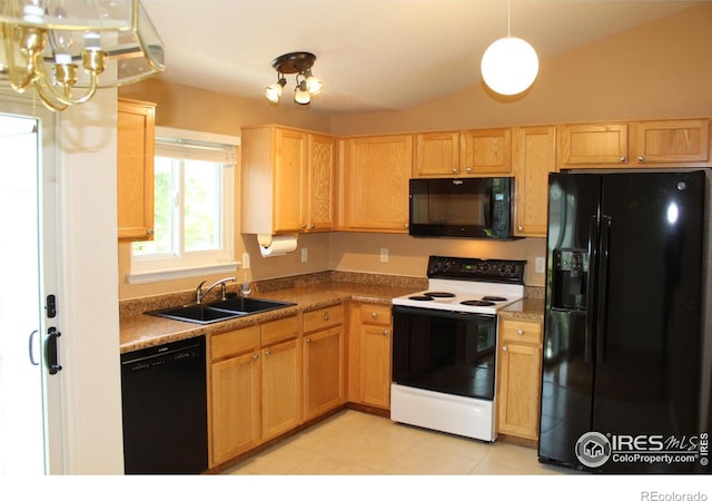 kitchen with lofted ceiling, sink, black appliances, light tile patterned flooring, and an inviting chandelier