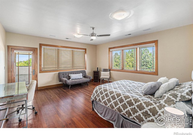 8532 Strawberry Ln, Niwot, CO 80503 - bedroom featuring wood finished floors, visible vents, baseboards, access to outside, and ceiling fan