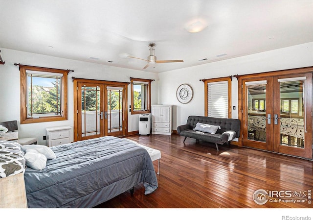 bedroom with french doors, access to exterior, dark hardwood / wood-style flooring, and ceiling fan