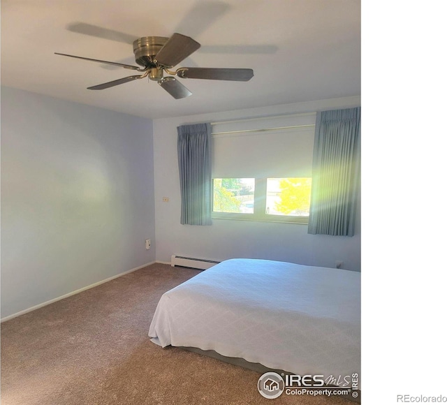 bedroom featuring a baseboard heating unit, carpet flooring, and ceiling fan