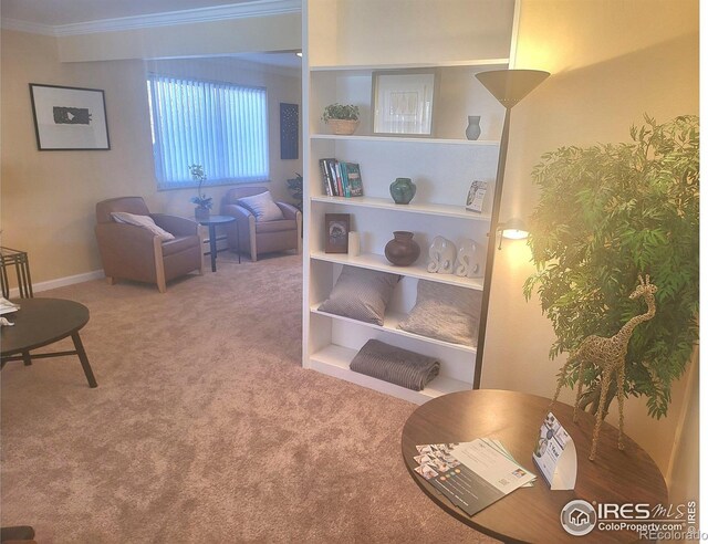 sitting room featuring crown molding and carpet