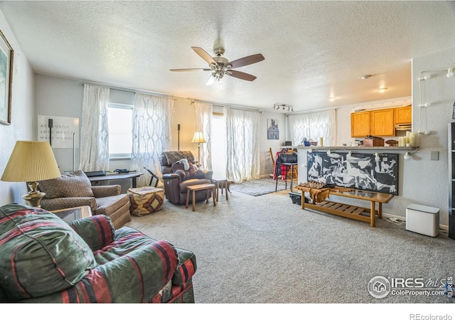 living room featuring carpet, a textured ceiling, and ceiling fan