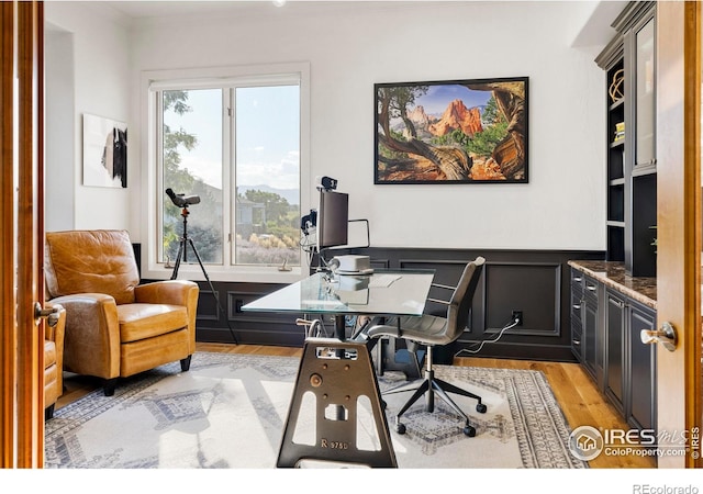 home office with light wood-type flooring and crown molding