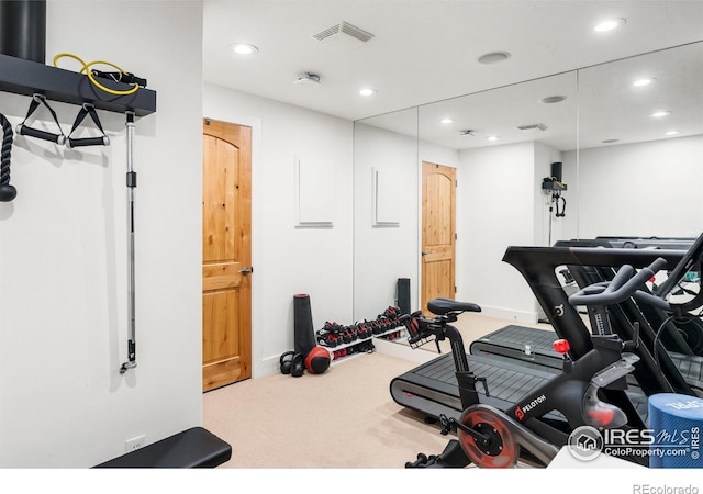 workout room featuring carpet