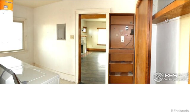 bathroom with electric panel and hardwood / wood-style flooring