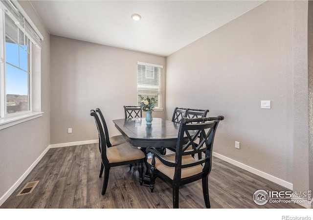 dining space with dark hardwood / wood-style flooring and plenty of natural light