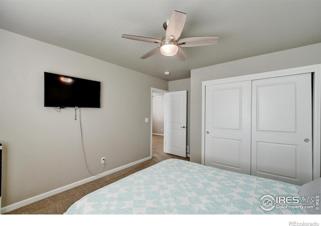 bedroom featuring ceiling fan, a closet, and carpet