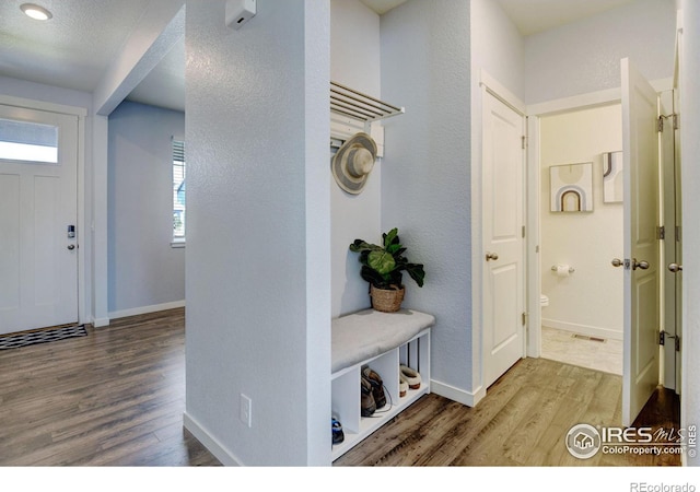 entryway featuring a textured ceiling, hardwood / wood-style flooring, and a wealth of natural light