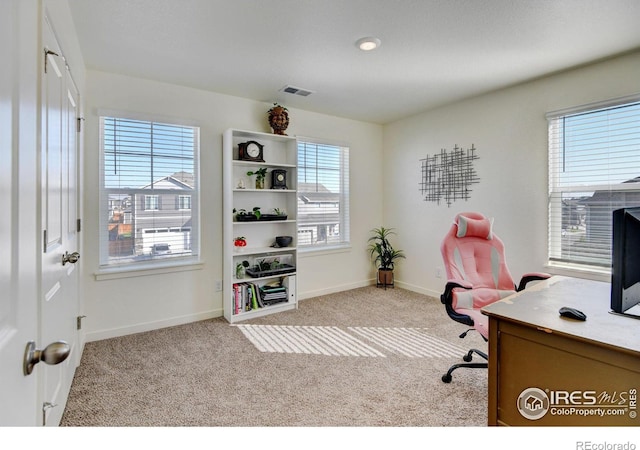 office area featuring a healthy amount of sunlight and light carpet