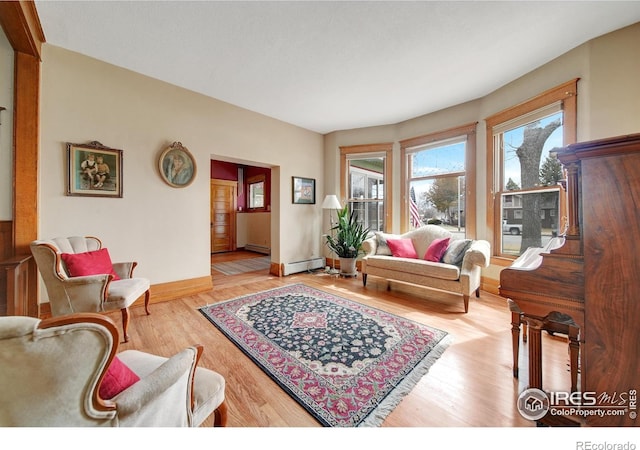 living room with a baseboard heating unit and hardwood / wood-style flooring