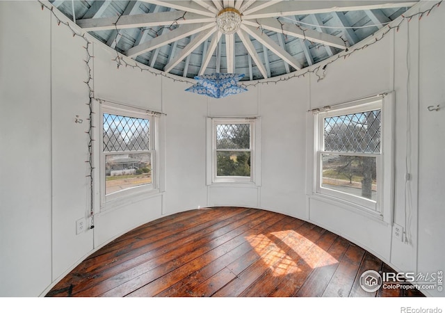 unfurnished room featuring lofted ceiling and dark hardwood / wood-style floors