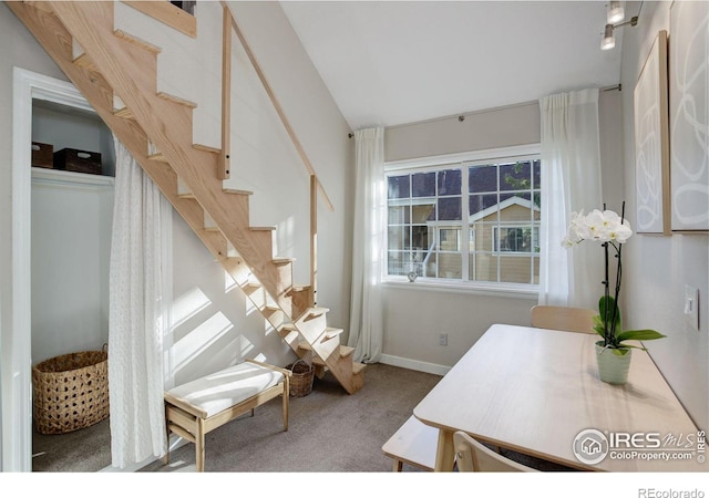 office area featuring lofted ceiling and carpet flooring