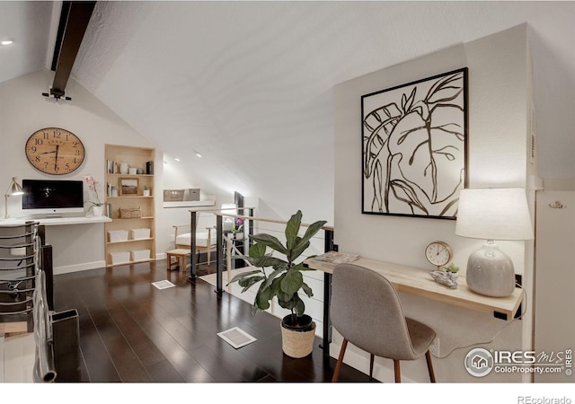 office with vaulted ceiling with beams and hardwood / wood-style flooring