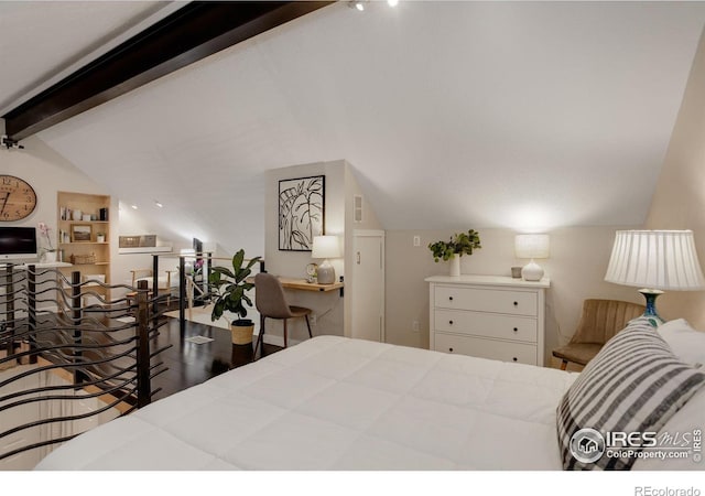 bedroom with lofted ceiling with beams and dark hardwood / wood-style flooring