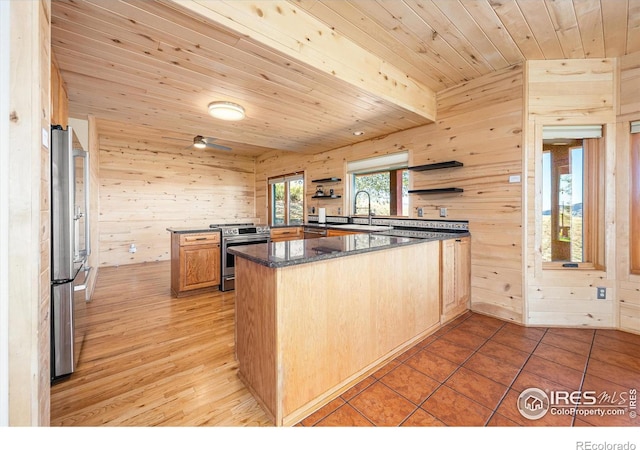 kitchen featuring wood walls, kitchen peninsula, wooden ceiling, stainless steel appliances, and sink