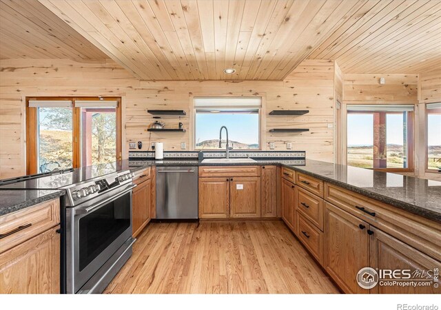 kitchen featuring wooden ceiling, appliances with stainless steel finishes, wooden walls, and sink