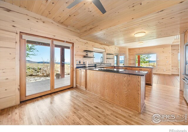 kitchen with kitchen peninsula, wood ceiling, and wooden walls