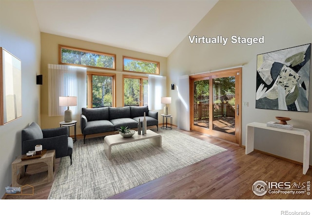 living room featuring hardwood / wood-style flooring and high vaulted ceiling