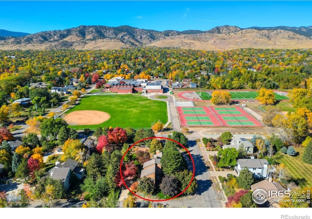 drone / aerial view featuring a mountain view