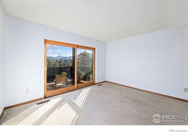 1155 S Saint Vrain Ave Unit U6, Estes Park, CO 80517 - spare room featuring carpet floors, baseboards, a textured ceiling, and a mountain view