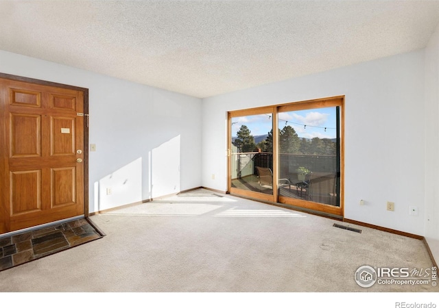 spare room featuring a textured ceiling and carpet