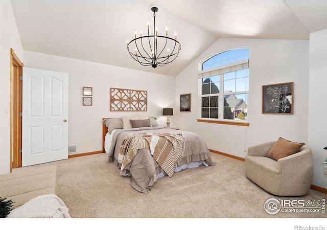 carpeted bedroom featuring lofted ceiling and a notable chandelier