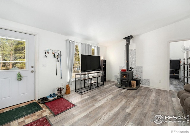 living room featuring wood finished floors and a wood stove
