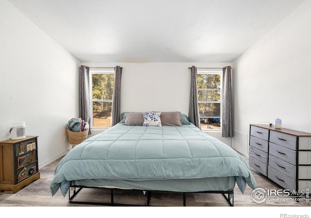 bedroom with wood finished floors, baseboards, and multiple windows