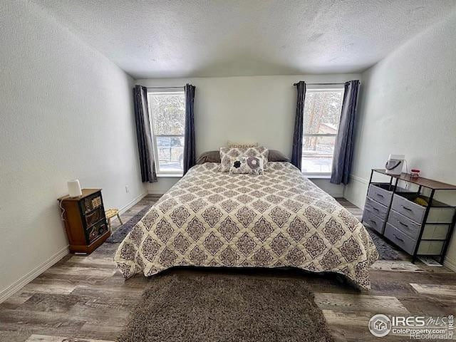 272 Severance Lodge Rd, Black Hawk, CO 80422 - bedroom with wood finished floors, a textured ceiling, multiple windows, and a textured wall