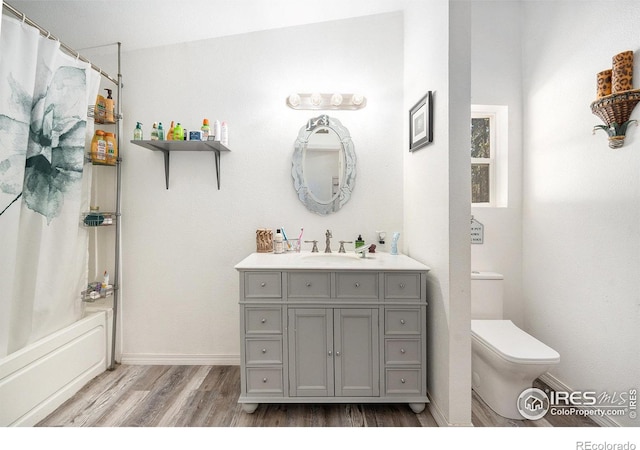 272 Severance Lodge Rd, Black Hawk, CO 80422 - bathroom featuring wood finished floors, vanity, and shower / tub combo with curtain