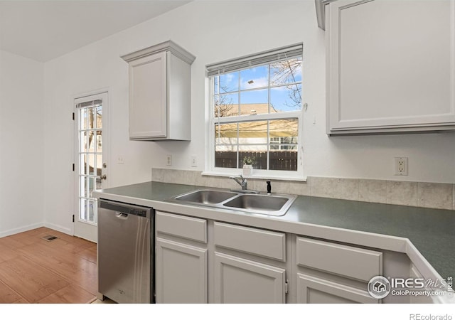 kitchen with light hardwood / wood-style floors, stainless steel dishwasher, and sink