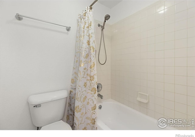 bathroom with toilet and shower / bathtub combination with curtain