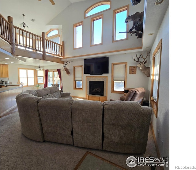 living room with ceiling fan, high vaulted ceiling, and carpet floors