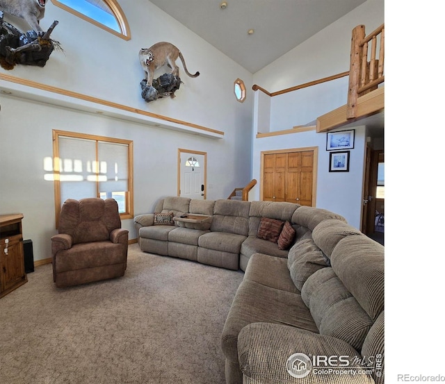 carpeted living room featuring high vaulted ceiling