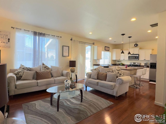 living room featuring dark hardwood / wood-style floors